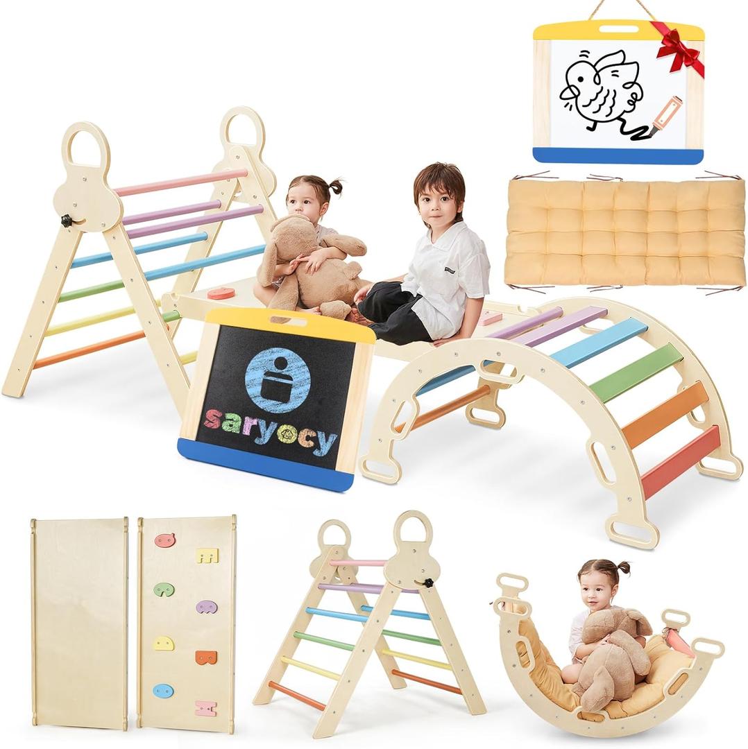 Pikler Triangle Set for Kids, 8 in 1 Colorful Montessori Large Climbing Toys for Toddlers 1-6 Inside with Arch, Ramp and Foldable Triangle, Cushion Pad and Chalkboard (Natural Wood Colorful With Blackboard)