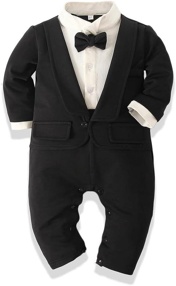 Baby Boy's Cotton Gentleman Romper Suits Party Tuxedo One Piece Outfit Lapel Tie Fake Two Piece Jumpsuit,  6-12 Months
