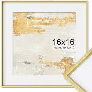 16x16 Metal Picture Frame, 16 x 16 Square Premium Aluminum Photo Frames with 12x12 Removable Mat, Tempered Glass, Vertical and Horizontal Display， Wall Hook Hanging Hardware Included, Gold, 1 Pack
