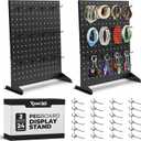 Pegboard Display Stand with 24 Hooks and 2 Stands for Craft Shows, Tabletop Jewelry Organizer Rack for Vendors, Keychain and Merchandise Display for Artist Alley & Retail Events, Black 17'x13'