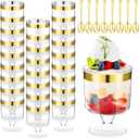 200 Pcs Mini Dessert Cups with Spoons Include 100 Pcs 5 oz Disposable Plastic Mousse Cups with Gold Rim 100 Pcs Gold Tasting Spoons Clear Plastic Parfait Glasses Dessert Bowls for Wedding Party