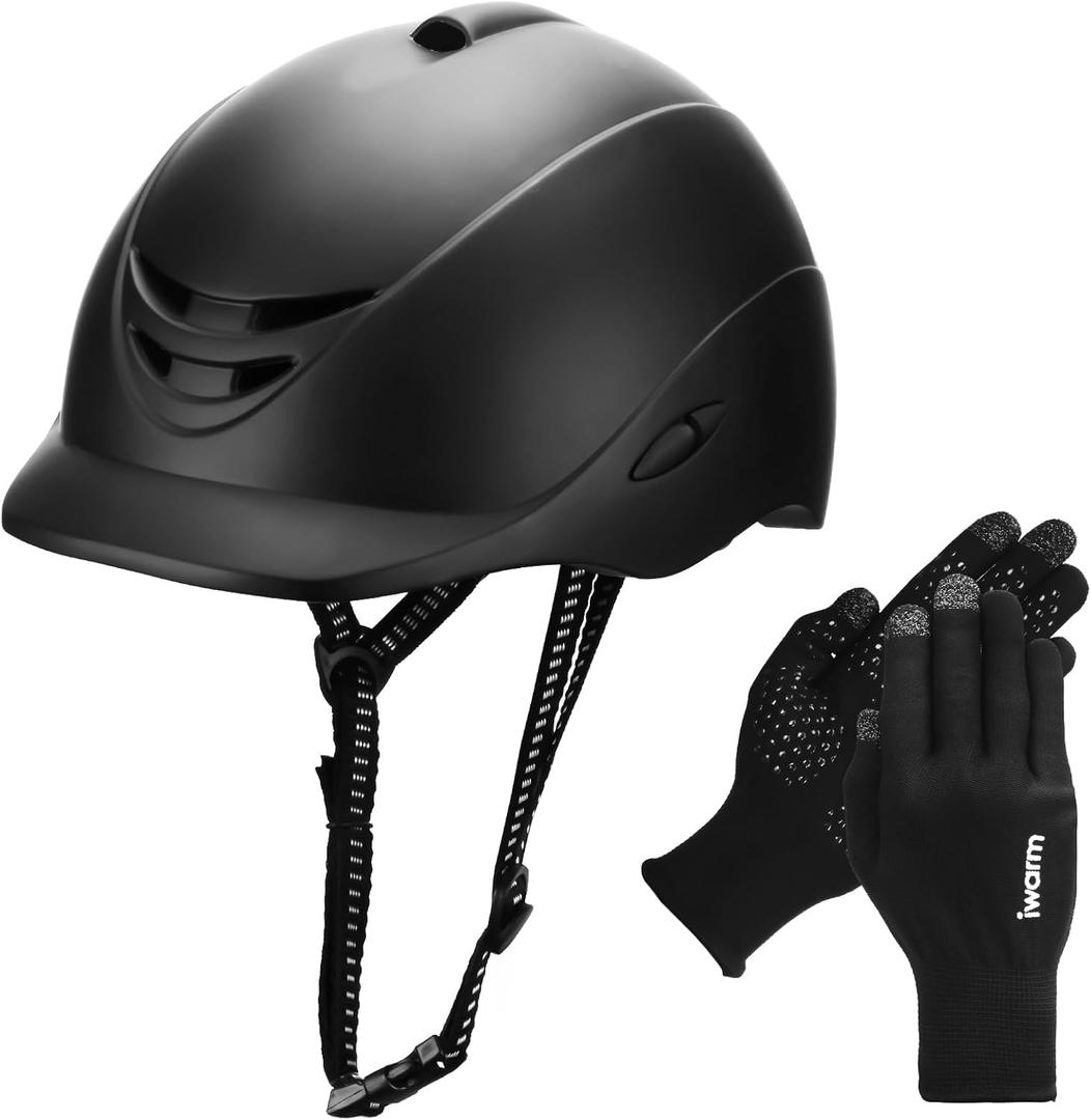 Equestrian Adult Helmet and Gloves Set with Adjustable Strap for Horseback Riding and Training, Soft and Comfortable Gloves Kits for Women and Man (Deep Black)