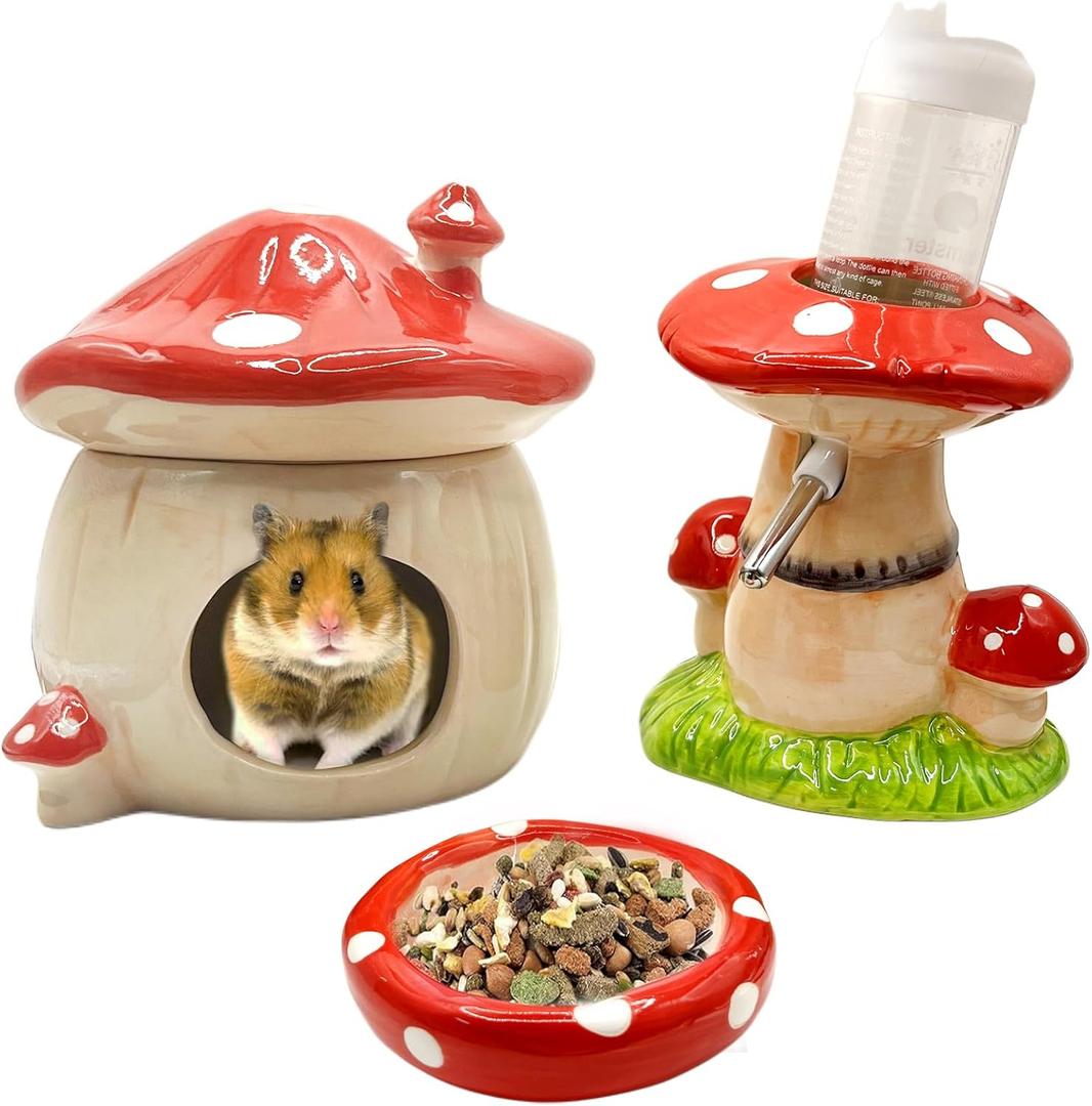 Mushroom Ceramic Hamster Hideout, Water Bottle with Stand, Food Bowl, Hamster Accessories (red)
