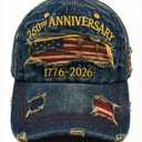 250th Anniversary USA Hat, 1776-2026 American Flag Baseball Cap, Distressed Vintage Denim Dad Hat