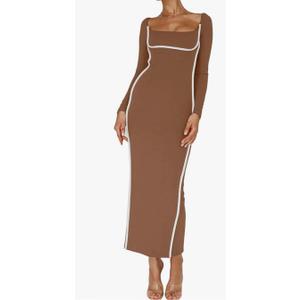 Recious Womens Sexy Long Slevee Square Neck Colorblock Bodycon Split Slim Fit Party Clubwear Dress M