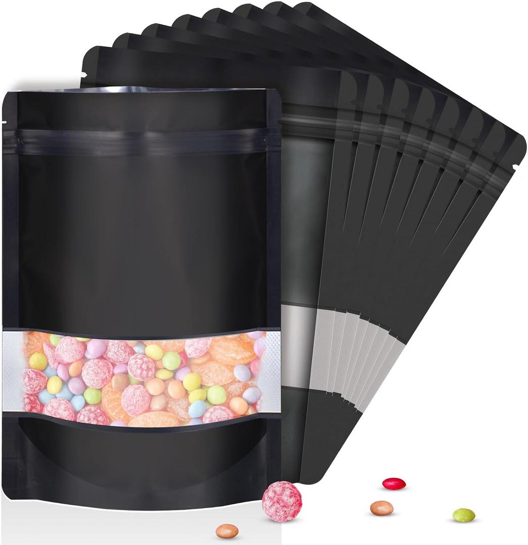 120pcs 4.7"x7.8" Mylar Bags for Food Storage,Smell Proof Bag with Matte Window Resealable Food Storage Bags for Small Business, Stand-up Foil Pouch Packaging Freeze Dried Candy Bag (Black)