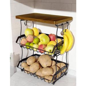 3-Tier Fruit Basket for Kitchen Counter with Banana Hangers, Countertop Organizer Fruit Bowls with Wood Top, Fruit Storage Basket Stand for Storage Potato Onion Bread Snack Fruit Veggie
