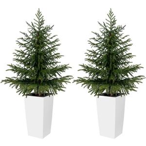 4FT Tall 2 Pack Artificial Cedar Topiary Trees with Spreading Layered Shape, Realistic Faux Cypress in Square White Pot with Fillable Water Bag, Outdoor Evergreen for Front Porch Garden Home Decor (White)