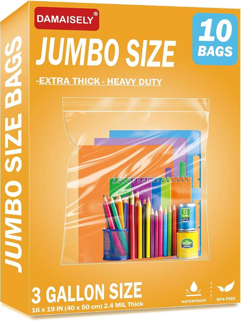 10Pack Extra Large Plastic Storage Bags, Zipper Seal, 2.4-mil Thick, Heavy Duty, 3.5 Gallon 16" x 19", Jumbo Zippered Plastic Bags for Food, Clothes, Travel, Moving