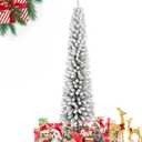 6FT Snow Flocked Pencil Christmas Tree, Slim Artificial Holiday Decoration with Metal Stand, Realistic Snowy Xmas Tree with 329 Tips Branches for Indoor and Outdoor Use, Green & White