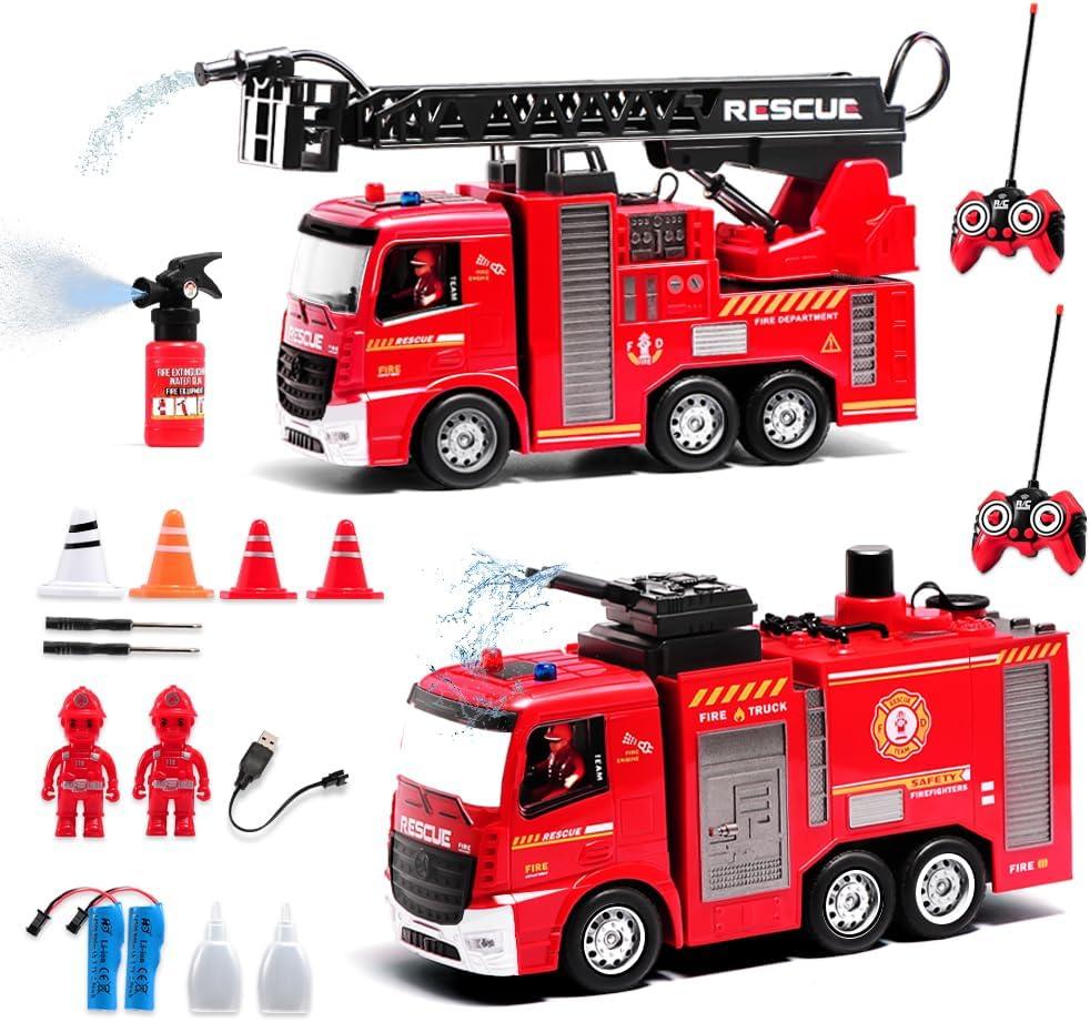 Remote Control Fire Truck Toy Set for Boys, RC Engineering Construction Vehicle with Rescue Ladder Alarm Lights, Hose, Working Water Pump Christmas Birthday Gift for Kids