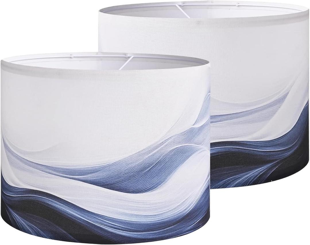 Lamp Shades set of 2 with Waves and Oceans, 13x13x10in Fabric Lamp Shades for Table Lamps, Blue lamp shades, Support Spider and E26 Base, Drum Lamp Shades