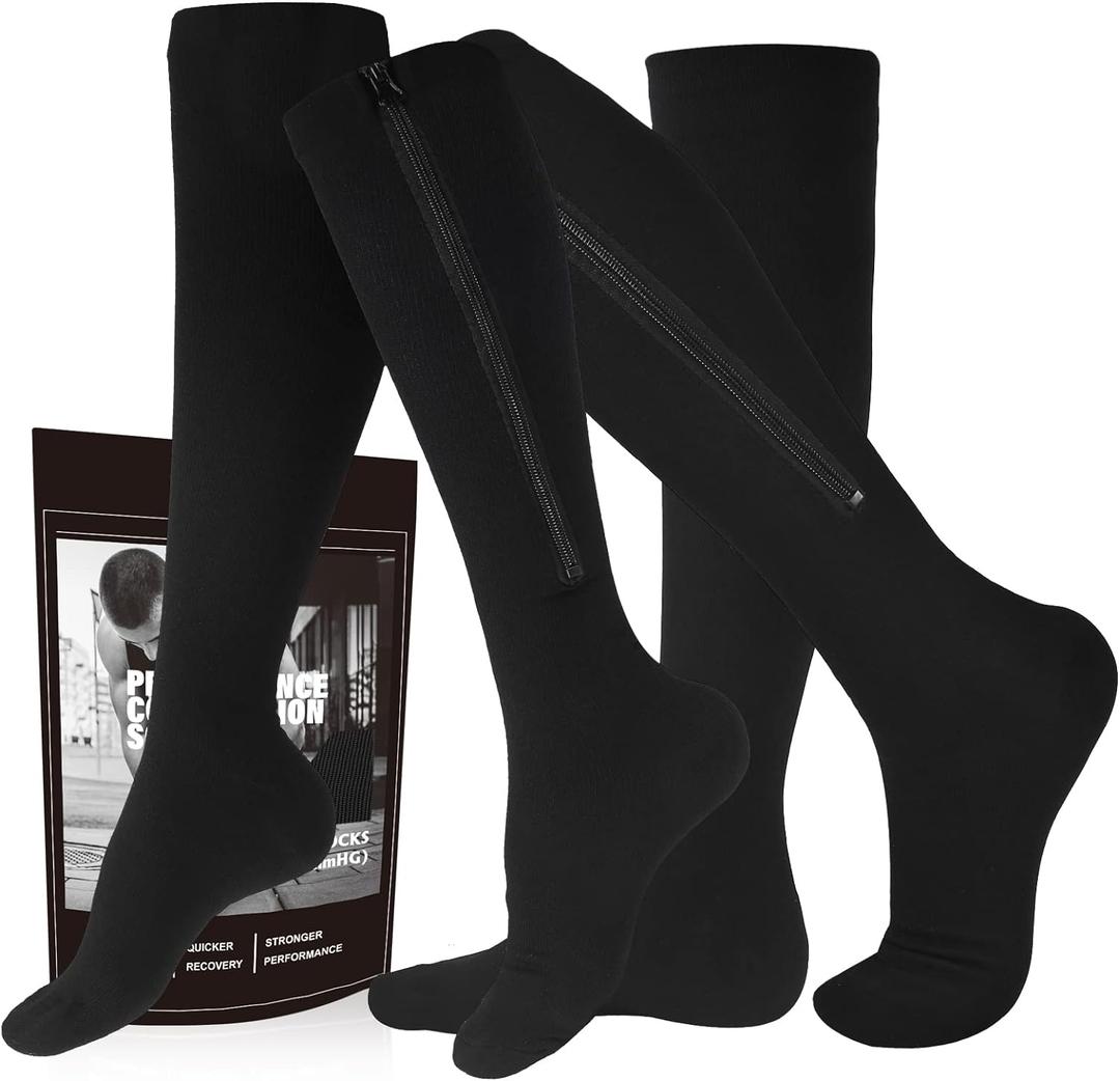 Zipper Compression Socks, 2 Pairs 15-20 mmHg Closed Toe Compression Stockings for Men Women (Small-Medium, Black)