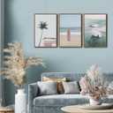 CHDITB Ocean Beach Framed Canvas Wall Art Set, Coastal Surfboard Wall Decor,Summer Coconut Tree Sea Wall Painting, Modern Surfing Art Prints for Living Room, Bedroom, Office- Large Size 24"x36"x3