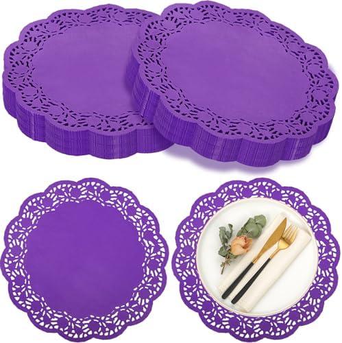 Yexiya 200 Pcs Doilies Lace Paper Doilies 14 Inches Disposable Foil Lace Placemats Large Round Paper Pad Placemats for Cakes Crafts Wedding Birthday Party Decoration(Purple)