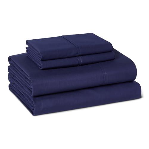 Amazon Basics Soft Organic Cotton Sheet Set with 2 Pillowcases, GOTS-Certified, Queen, Navy Blue
