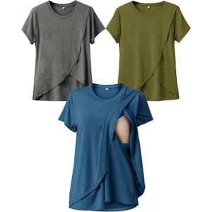 Rnxrbb Small Summer Nursing Tops for Breastfeeding T Shirts Short Sleeve Postpartum Clothes Sets 3 Pack (Medium, Deep Blue&flecking Grey&army Green)