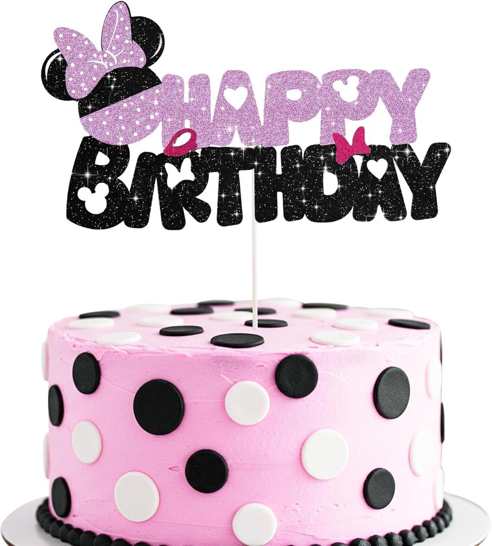 BEISHIDA Cake Topper Pink and Black Happy Birthday Cake Decorations 1st 2nd Birthday Pink and Black Birthday Party Supplies for Kids Girls