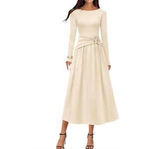 MEROKEETY Women's 2025 Fall Long Sleeve Midi Dress Elegant Boat Neck Ruched Swing Cocktail Party Dresses, Apricot, X-Large