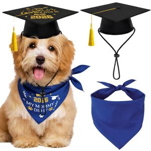 2 x 3 PCS Dog Graduation Costume Set Include 2026 Black Pet Graduation Cap and Bandana with Tassels for Dogs Cats Party Dress Costume AccessoryBlue
