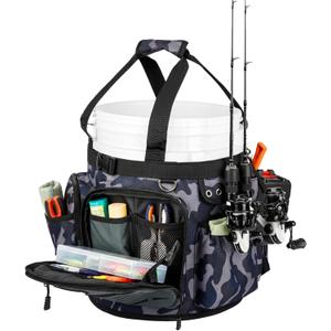 Soulchen Fishing Bucket Organizer with Cover, Ice Fishing Tackle Bag with Rod & Plier Holder, Multi-pockets for 5 Gallon Bucket Gear & Accessories, 34.2 x 11 Inch(Camouflage)