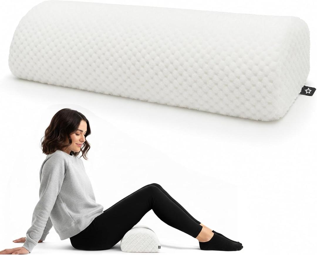 SPRING SEAON Half Moon Bolster Knee Pillow for Back Sleeping Memory Foam Leg Pillow for Ankle and Foot Comfort Under Knee Pillow for Side Sleepers Machine Washable Cover(17" x 7.5" x 4.3") (White)