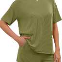 RUBZOOF Women's 2 Piece Sets Short Sleeve Outfits Ribbed Textured Knit Lounge Shorts Set Oversized Tracksuit Matching Sets (M)