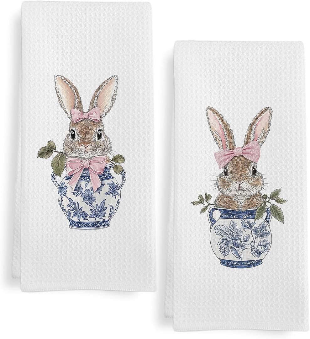 Chinoiserie Bunny Kitchen Towels Set of 2, Easter Blue and White Rabbit Gifts Dish Tea Towel for Kitchen, Coquette Bunnies Hand Towels for Bathroom, Bunnies Gifts for Bunny Lovers Girls, 16x24