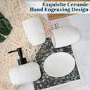 Bathroom Accessories Set, 4pcs Ceramic with Embossed Design Look Sets Bathroom Soap Dispenser 13.5oz & 2Pcs Ceramic Cup, 1Pcs Soap Dish