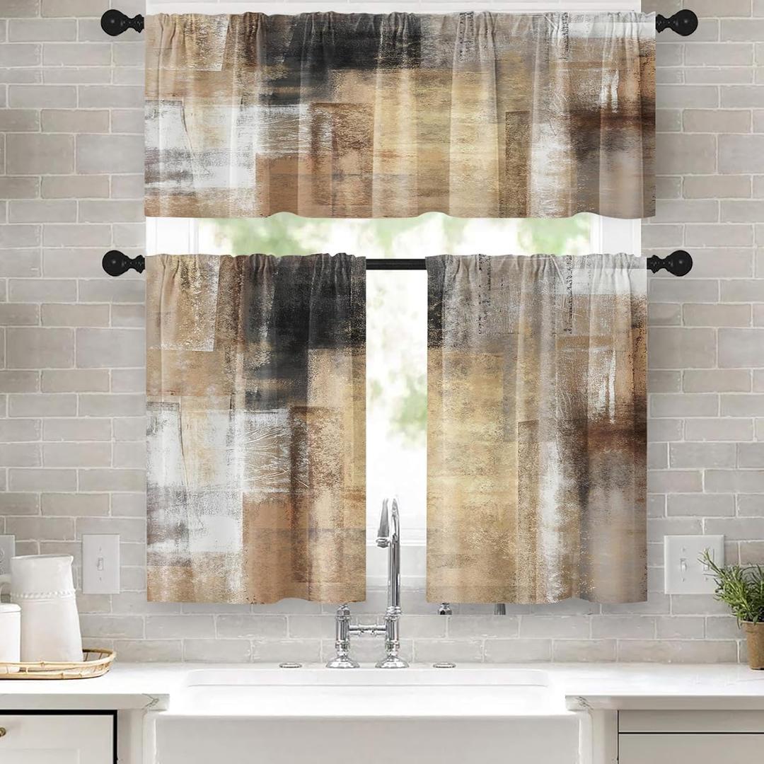 Brown Kitchen Window Curtains Valance and Tier Set, Grey Beige Modern Rod Pocket Short Tier Curtain, Abstract Art Small Cafe Drapes for Kitchen Decor 52" x 24"