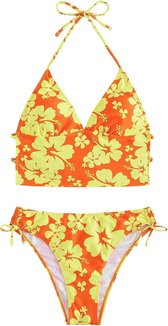Floerns Women's Tankinis 2 Piece Floral Print Halter Tie Back Crop Top and Bottoms Bikini Set (Orange and Yellow, S)