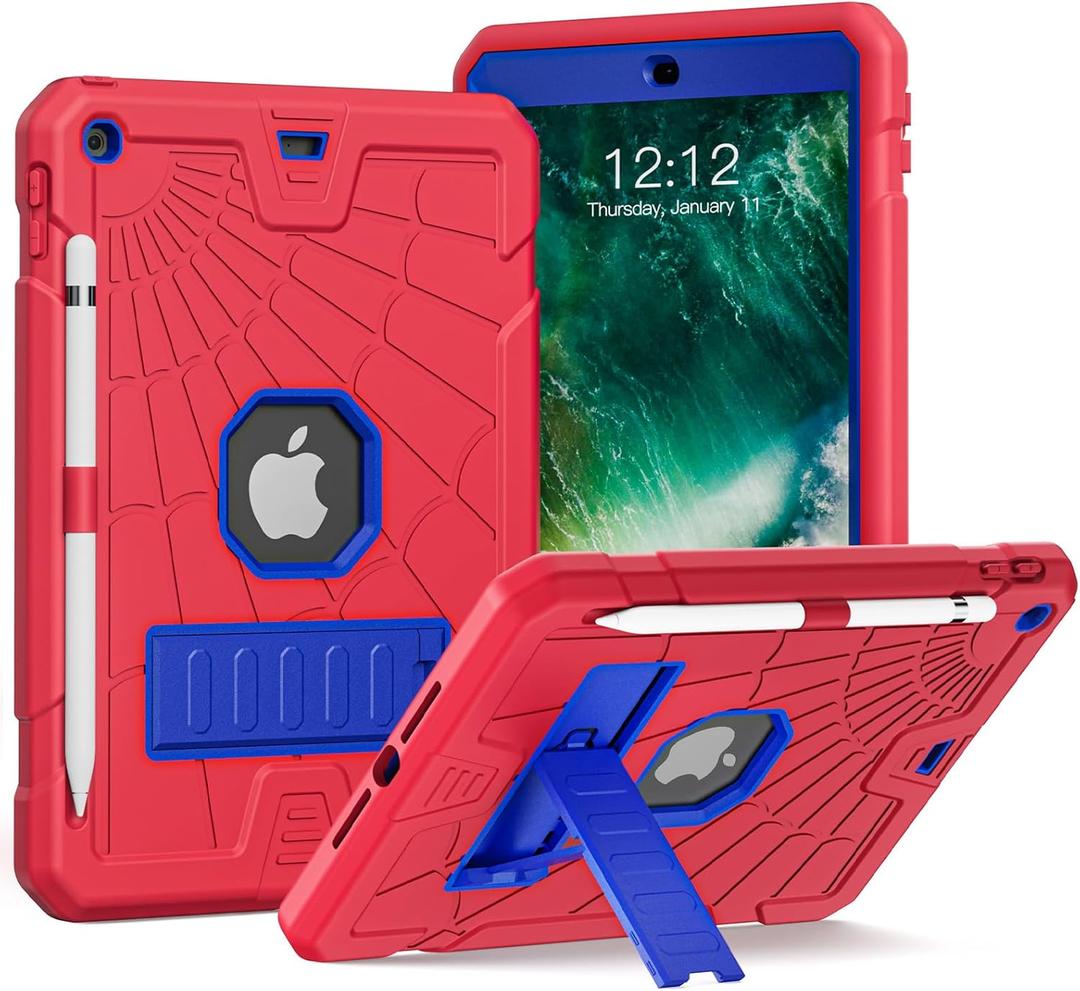 New iPad 5th 6th Generation Case 9.7 inch 2017 2018 Released with Stand & Pencil Holder | Kids Friendly 3-Layer Heavy Duty Rugged Protective Shockproof | Red & Blue