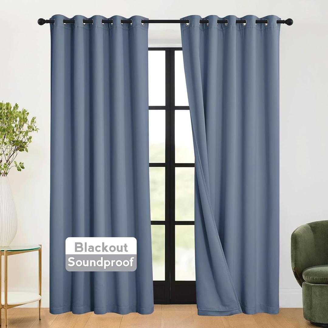 RYB HOME 3-in-1 Soundproof - Blackout - Energy Saving Room Divider Curtains, Extra Wide Window Curtains for Bedroom Living Room Loft Boy Nursery, Stone Blue, W 62 x L 84 inches, 2 Panels