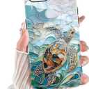 for iPhone 16e Stained Glass Phone Case 6.1", Aesthetic Blue and Green Turtle Ocean Sea Case Cute Pattern Print Design Cover Anti-Scratch Glossy Prevention Funda for Woman Girls Men