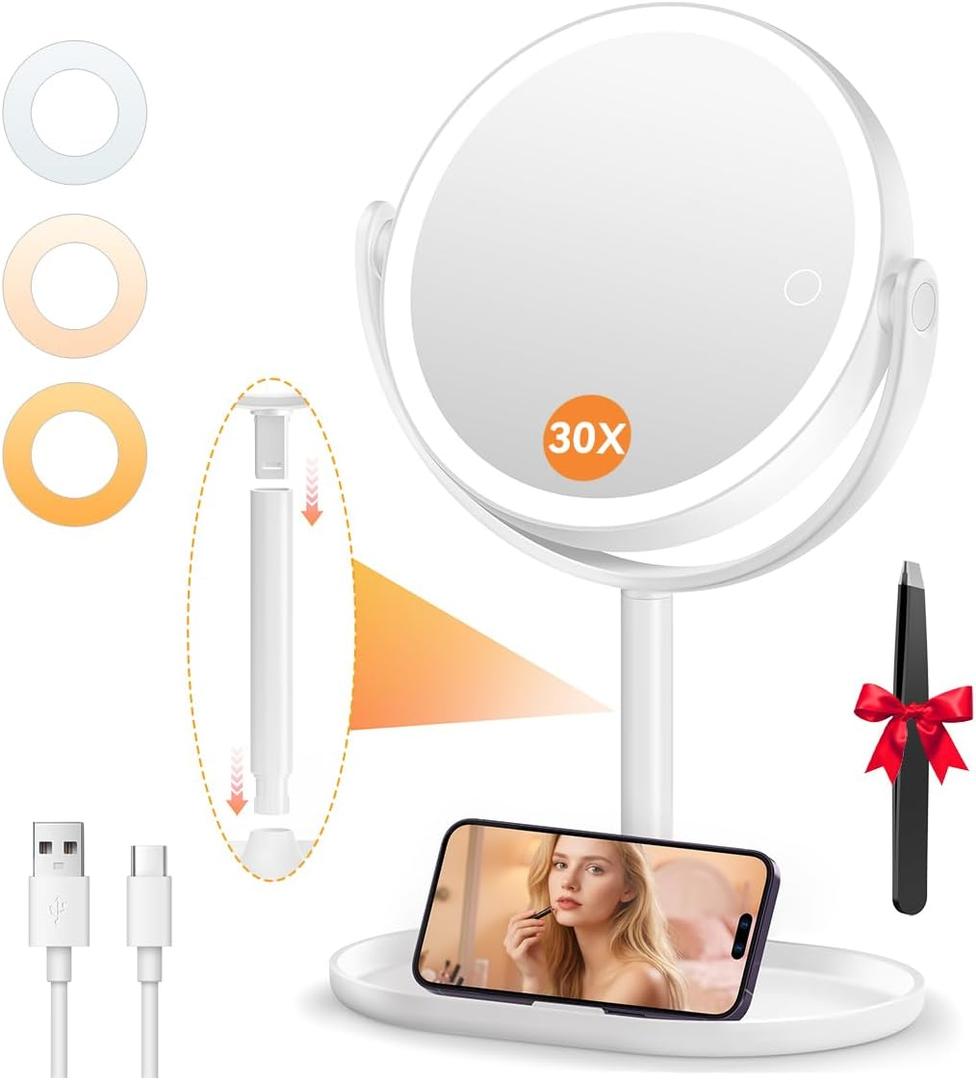Auxmir Makeup Mirror with Lights, Double Sided 30X/1X Magnifying Mirror with Light, 3 Color Stepless Dimmable with Touch Screen, Rechargeable 360 Free Standing Vanity Mirrors for Bathroom, Bedroom