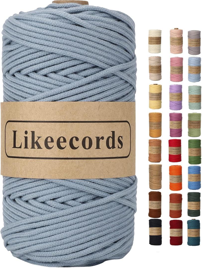 Likeecords Macrame Cord 3MM 100M 110Yards, Flexible & Soft Natural Cotton Knotting Cord Macrame Yarn 3 Strands Twisted Cotton Cord for DIY Craft Making,Plant Hangers,Home decor (Blue)