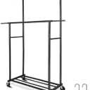 Stand Portable Black Double Rods Garment Rack with Rolling Clothes Organizer on Lockable Wheels Mobile, 48" W x 15" D x 67" H, Metal Simple Hanging Clothes with 2 Hook