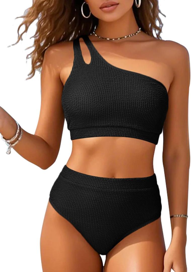 High Waisted Ribbed Bikini Swimsuit - Women Two Piece Bathing Suit One Shoulder Swimwear 2025 (X-Small, Black)