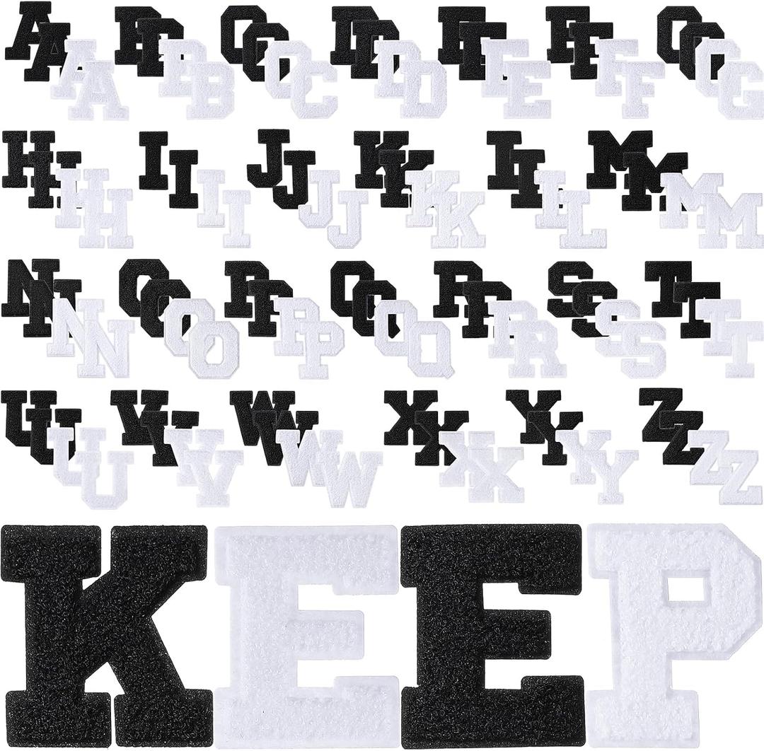 104 Pcs Chenille Letters Patches Iron on Large 3.2 H x 2.4 W College Letters Patches Embroidered Trimmed Preppy Alphabet for Clothing Repairing (Pure Black White)