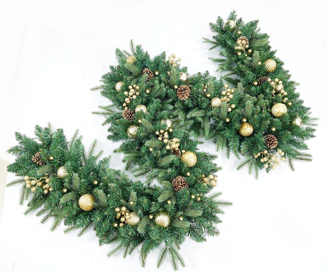 9FT Pre-Lit Artificial Christmas Garland with 50 Led Light, Green, Decorated with Pine Cones, Glitter Powder Gold Ball, Christmas Collection Indoor Outdoor Decor