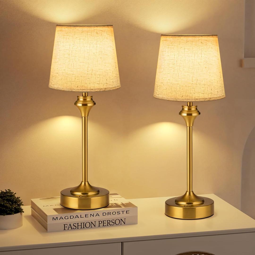NIORSUN Portables Cordless Table Lamp Set of 2,Flaxen Fabric Shade Battery Operated Lamp, Bedside Table Lamp with Warm White,3 Way Dimmable Touch Desk Lamp for Bedroom Living Room Restaurant (Gold)