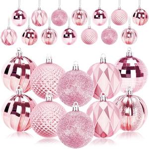 JULMELON 24PCS Large Christmas Balls Ornaments,60mm/2.4 in Shatterproof Plastic Decorative Xmas Tree Ornaments, Assorted Christmas Ball Ornaments for Wedding Mothers Day Party Decorations (Pink)