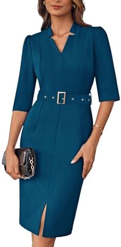 GRACE KARIN Women's Work Dress 3/4 Sleeve V Neck Bodycon Sheath Dress Zipper Up Office Business Dresses with Belt, XL