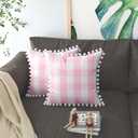 Buffalo Check Throw Pillow Covers with Pom Poms Cotton Retro Farmhouse Gingham Cushion Case for Sofa Couch Car Plaid Decorative Set of 2 Square Pillowcase 12" x 12" Pink White