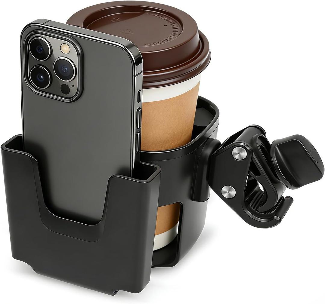 Universal Big Size 2-in-1 Cup & Phone Holder for Stroller Walker Wheelchair, Adjustable Clip On Attachment for Bike Scooter Rollator, Compatible with Nuna Uppababy Graco Doona Baby Travel Gear