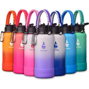 Farsea Insulated Water Bottle With Paracord Handle, Protective Silicone Boot and 2 Lids (Straw Lid & Spout Lid), Stainless Steel Water Bottle Wide Mouth, Double Wall Sweat-Proof BPA-Free, 32 oz (White/Purple)
