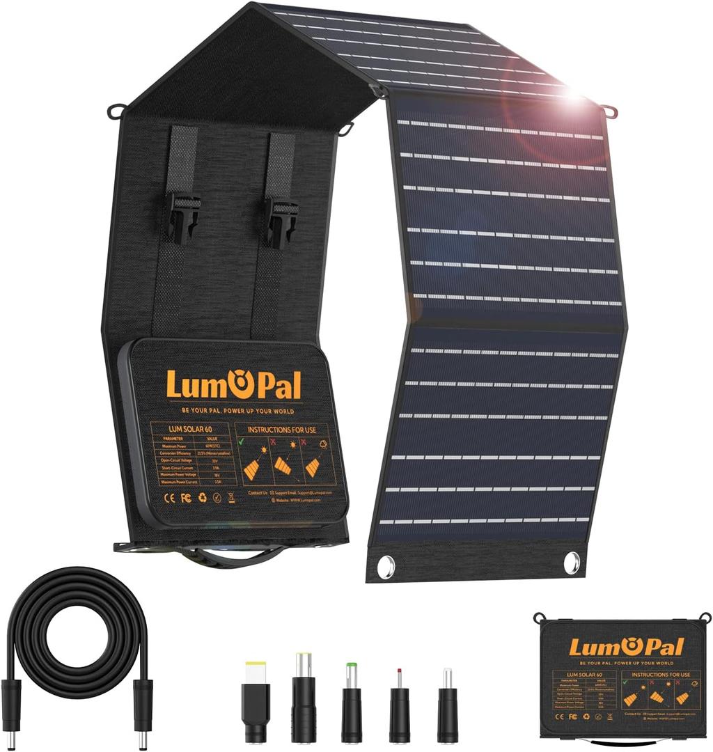 Portable Solar Panel, LUMOPAL 60W Foldable Solar Panels Folding Solar Charger with PD60W USB C QC3.0 USB A Output Waterproof for Camping Backpacking Compatible with Phone Laptop Portable Power Station