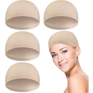 4 Pcs Wig Caps Fiber Wig Liner Skull Cap Chemo Headwear Helmet Liner Sleep Hats for Hairloss Cancer Patient (Large, Beige)