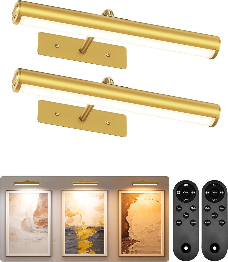 EZVALO Picture Light for Wall, 13-Inch Wireless Rechargeable 4000mAh LED Art Light with Remote, Dimmable 3 Color Temps, Battery Operated Wall Light for Living Room, Bedroom, Gallery (Gold, 2 Pack)
