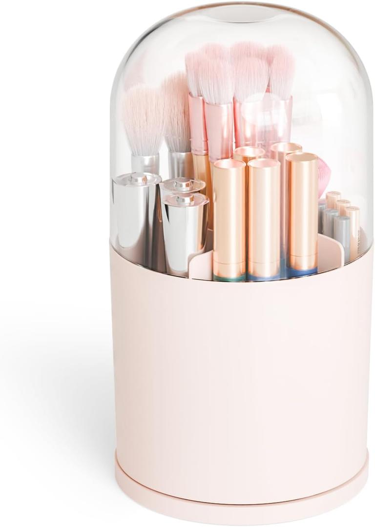 Yieach Rotating Acrylic Makeup Brush Holder with Lid for Vanity,Bathroom,Countertop,Covered Makeup Brushes Organizer,Round Spinning Cosmetic Brushes Holder and Make up Brush Storage with Cover,Pink